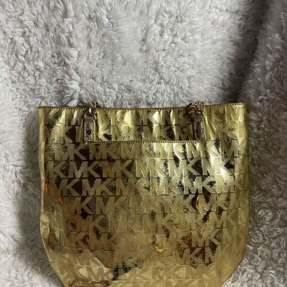 MICHAEL KORS LEATHER MEDIUM TOTE BAG GOLD COLOR MONOGRAM - Picture 6 of 15